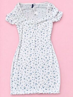 H&M White One-Shoulder Floral Mini Dress with Blue Print